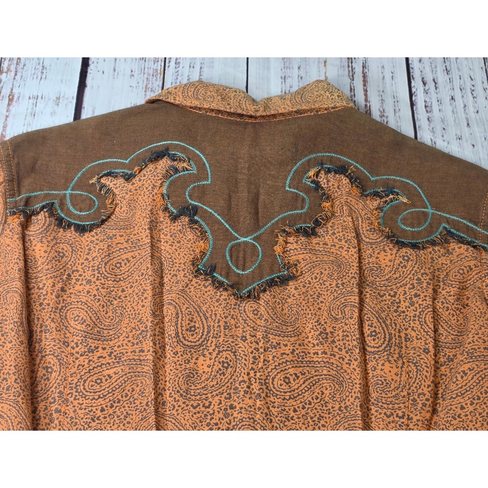 Ryan Michael Western Shirt Womens L Coral Excellent Paisley Snap Button Fringe